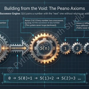 K&ouml;nnte beinhalten: Diagramm, das die Peano-Axiome veranschaulicht, mit Zahnr&auml;dern und mathematischen Notationen. Der Text enth&auml;lt "Building from the Void: The Peano Axioms" und Erkl&auml;rungen der Axiome 1, 2, 3 und 4. Das Diagramm verwendet einen dunkelblauen Hintergrund.