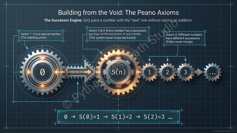 K&ouml;nnte beinhalten: Diagramm, das die Peano-Axiome veranschaulicht, mit Zahnr&auml;dern und mathematischen Notationen. Der Text enth&auml;lt "Building from the Void: The Peano Axioms" und Erkl&auml;rungen der Axiome 1, 2, 3 und 4. Das Diagramm verwendet einen dunkelblauen Hintergrund.