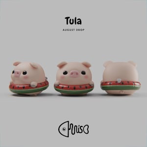 May include: Three views of a light pink pig figurine with black eyes and rosy cheeks, wearing a red and green watermelon-patterned swim ring. The text Tula AUGUST DROP appears at the top, and a fish-shaped logo is at the bottom.