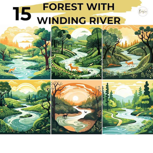 Forest river clipart bundle, River landscape graphics, Nature scene images,Riverbank landscape clipart,Forest stream png
