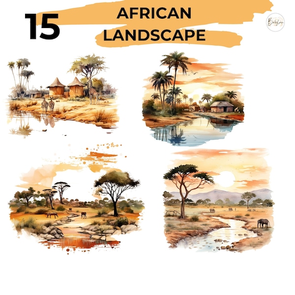 Imágenes prediseñadas de PAISAJE AFRICANO de acuarela, paquete de ilustraciones africanas, imágenes prediseñadas de sabana, animales de la selva png