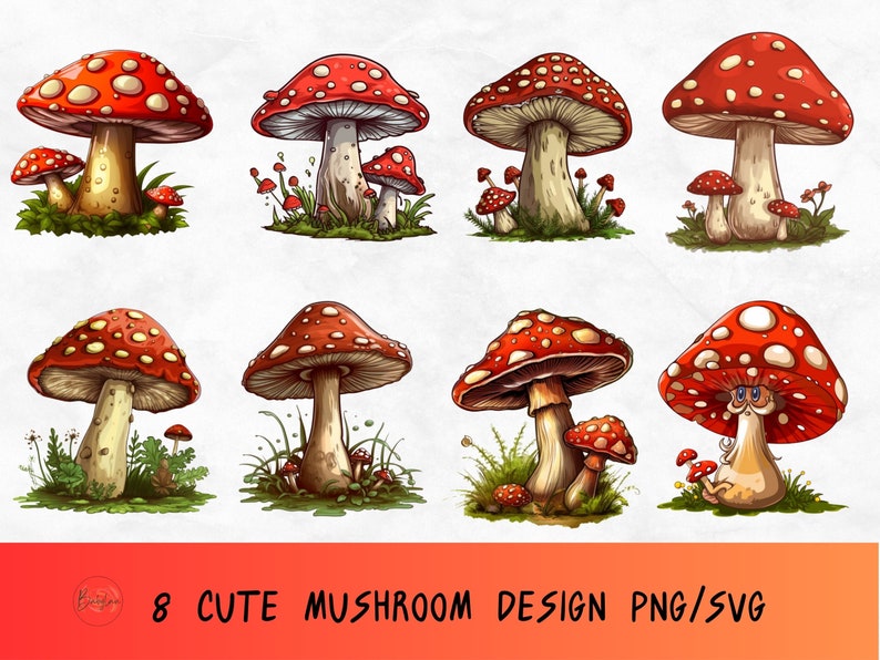 Floral mushroom svg bundle, Cute mushroom svg, Magic forest png, Fungus clip art design, Watercolor fungus clip art image 1