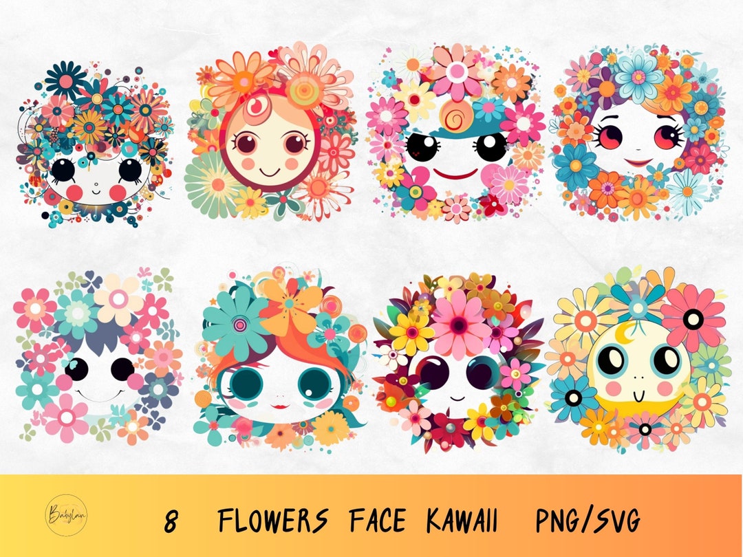Floral Face Svg Bundle,kawaii Floral Clipart Face,flower Head Png, Hand