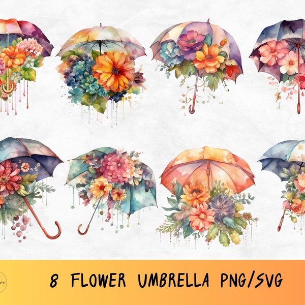 Floral umbrella svg, watercolor umbrella png, watercolor flower clip art, flower bouquet png, botanical clip art