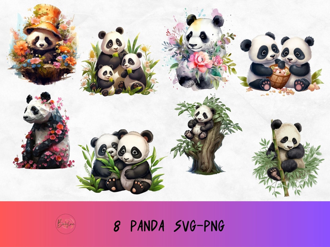 Floral Panda Svg, Panda Svg Bundle, Hand Drawn Watercolor Art, Cute ...