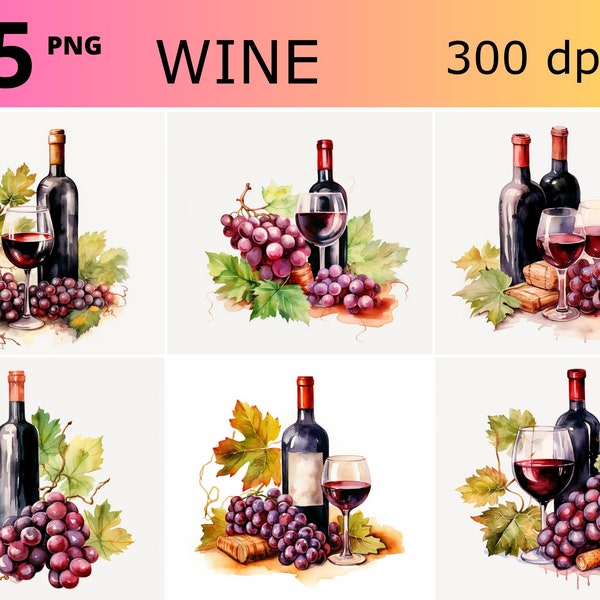 Watercolor wine bottles clipart, red vino bottle illustrations bundle, wine barrel png, colorful vino glass graphics