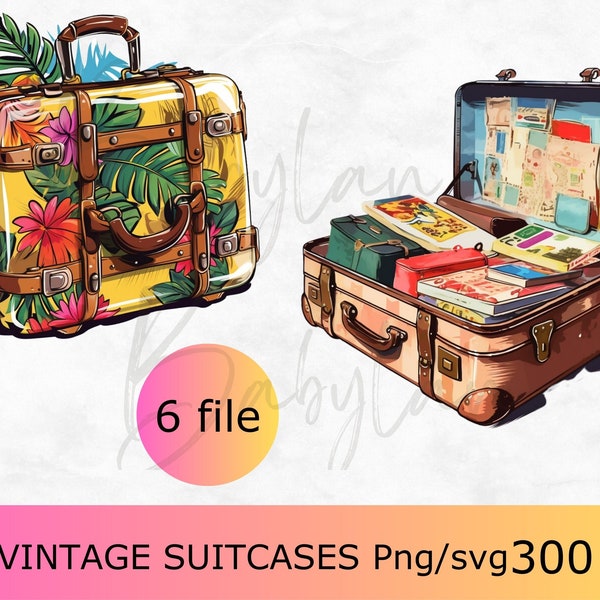 Vintage suitcases svg bundle, Retro suitcase clip art, Antique luggage png, Travel accessories clip art, Retro luggage
