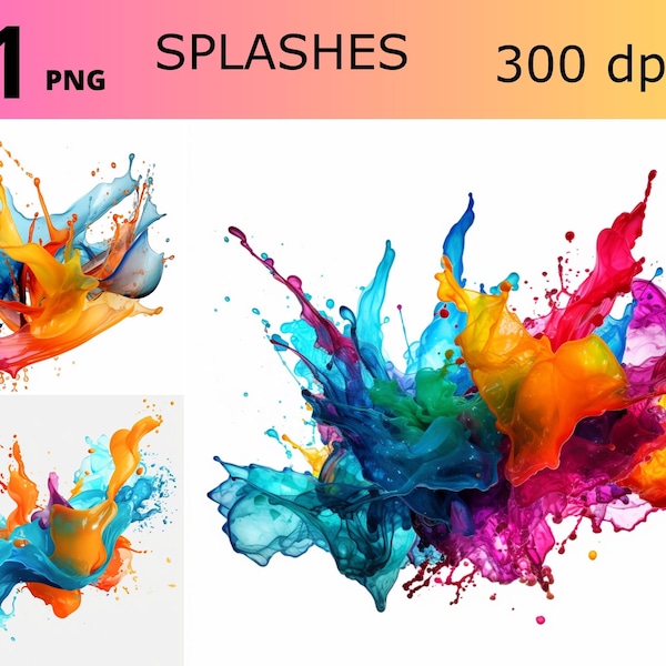 Splashes clipart, Watercolor splashes illustration bundle, Paint splatter clipart, Ink spatters png, Colorful splatters