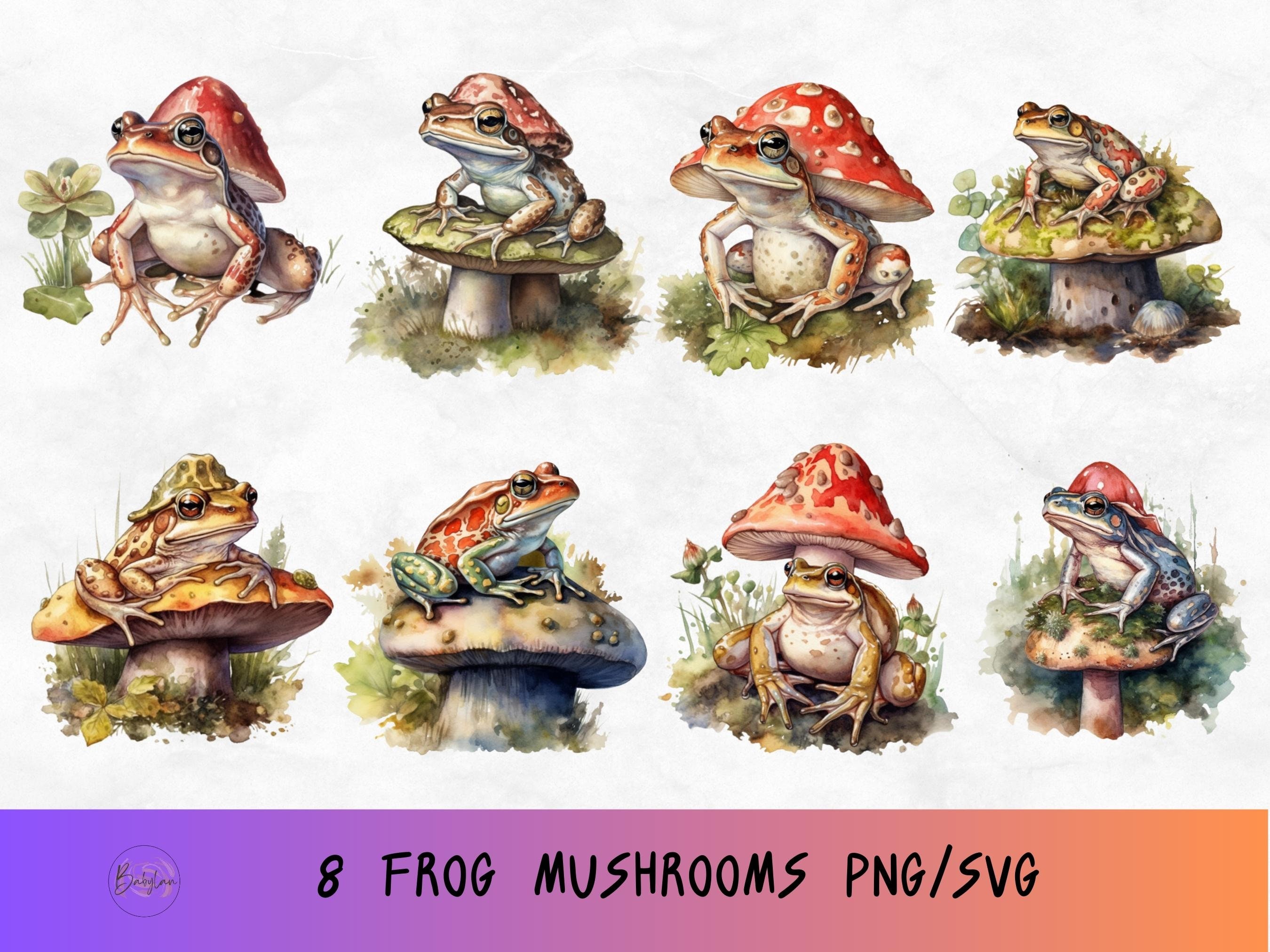 Watercolor Vintage Cute Floral Frog on a Mushroom PNG Clipa