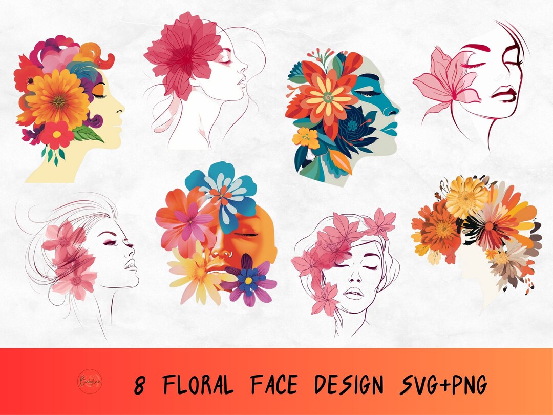 Floral Face Svg Bundle,floral Clipart Face,flower Head Png, Hand Drawn