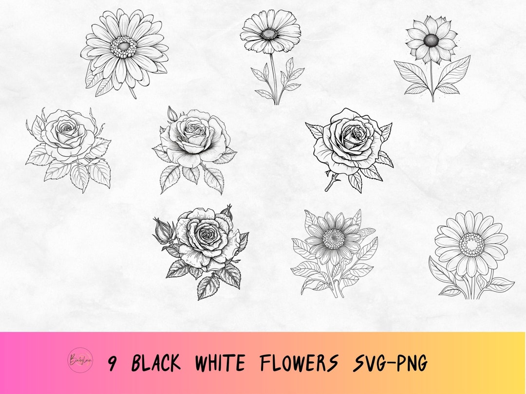 Black White Flower Svg, Flower Design Set Clipart, Romantic Floral Png