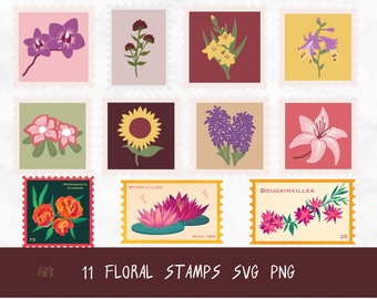 Floral stamps, svg bundle, Floral stamp set clip art, Postage png , Cute  flowers svg, Bloom png, Botanical Clip Art