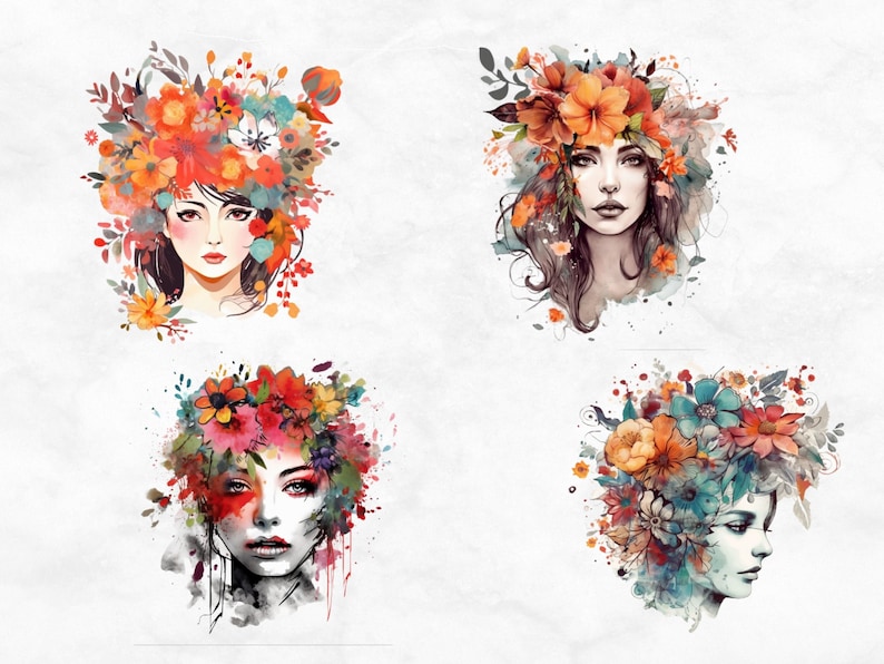 Floral Face Svg Bundle,floral Clipart Face,flower Head Png, Hand Drawn