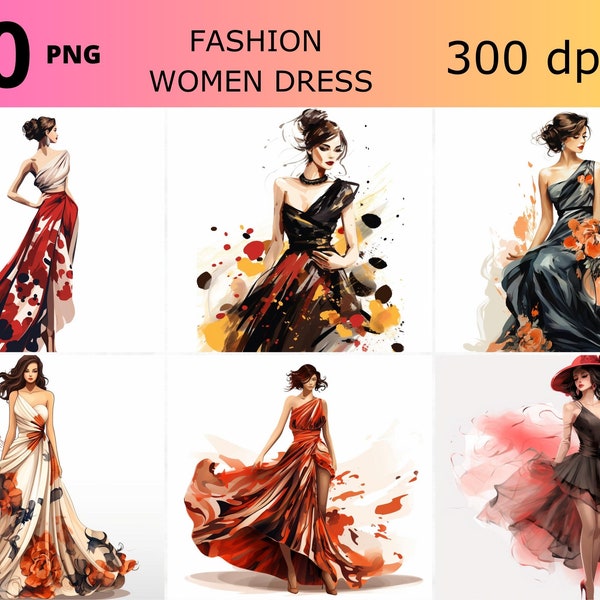 Imágenes prediseñadas de vestido de moda de mujer acuarela, paquete de ilustración de vestido de mujer, paquete de imágenes prediseñadas de moda, imágenes de ropa de niñas