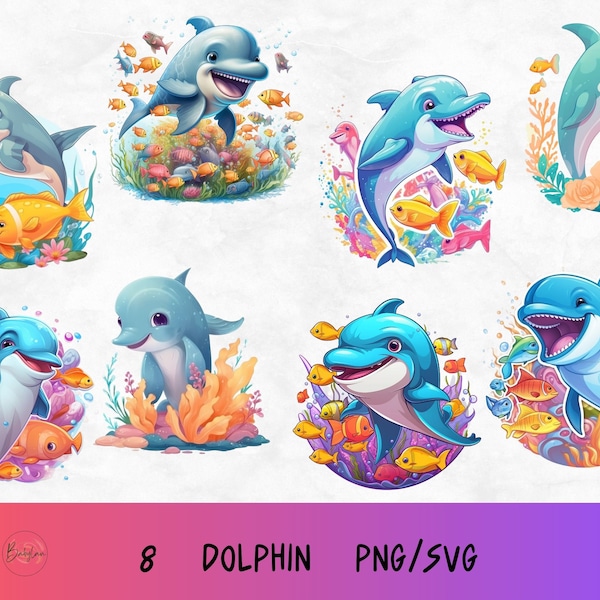 Delfin svg Bundle, süße Delfin svg, Ozean Tiere png, Ozean Thema Design, Meerestiere png, Cartoon Fisch ClipArt