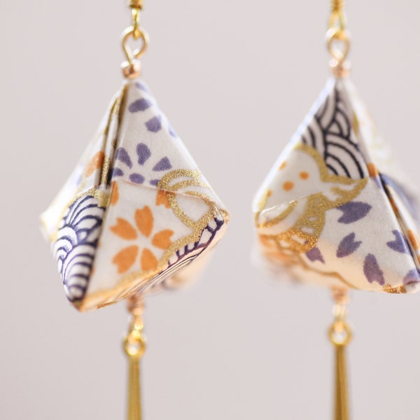 Origami Earrings, Japanese Yuzen Washi Paper, Handmade, Blue Orange Gold, Gold Plated Hooks