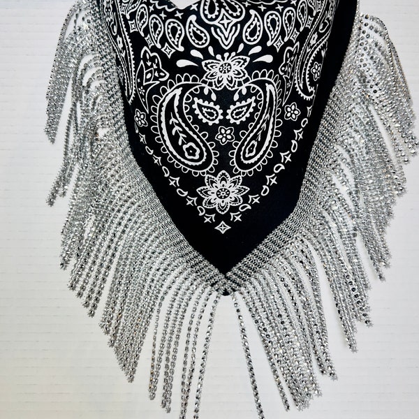 BLACK Bandana with SILVER Faux Rhinestone Fringe, Rodeo Time, Nash Bash, Lets Go Girls, Cowgirl, Western Bling, GNO, Bachelorette Party, Fun