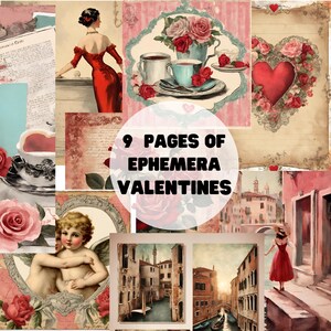 9 pagina&#39;s A4 Valentijnsdag vintage ephemera junk journal plakboektags en kaarten
