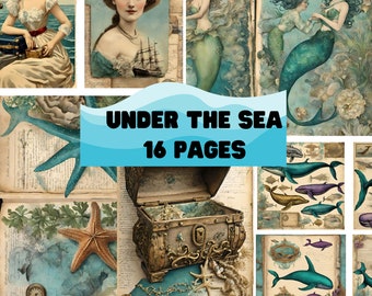 Junk journal kit nostalgic under the sea. Pages, prints, tags, cards, ephemera. Journaling, scrapbooking, DIY crafts. Vintage