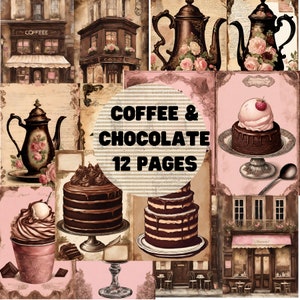 Junk journal kit coffee & chocolate pages, scrapbook, junk journal, paper crafting 12 pages of double images PNG