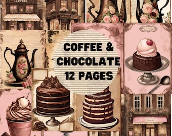 Junk journal kit coffee & chocolate pages, scrapbook, junk journal, paper crafting 12 pages of double images PNG