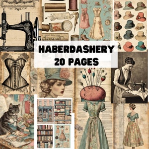 Junk journal kit haberdashery vintage sewing images pages, prints & ephemera. Complete 20 page kit