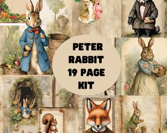Junk journal kit Peter Rabbit. Full kit 19 pages for folding, prints, tags & cards ephemera