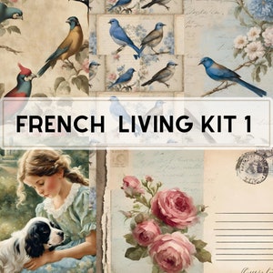 Junk journal kit French living 12 pages of prints, tags, ephemera in blues, purples