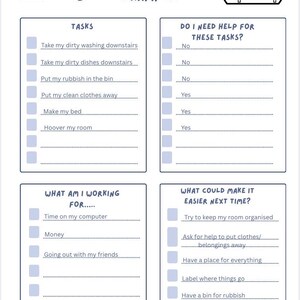 May include: A white task board printable with blue text and icons. It features sections for tasks, help needs, rewards, and improvements. The header reads TASK BOARD EXAMPLE with illustrations of shirts and a bedroom. Includes checkboxes and lines.