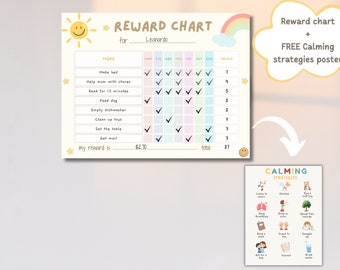 May include: Printable reward chart for kids with a rainbow and sun design. The chart includes tasks like making the bed, helping with chores, reading for 15 minutes, and feeding the dog.  A free calming strategies poster is included with images of activities like listening to music, deep breathing, and drawing.