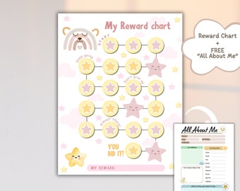 May include: Printable reward chart with a cute bear and stars. The chart has a path with circles to color in as a child completes tasks.  The chart also includes a free "All About Me" template with sections for name, birthday, hobbies, favorite things, and more.