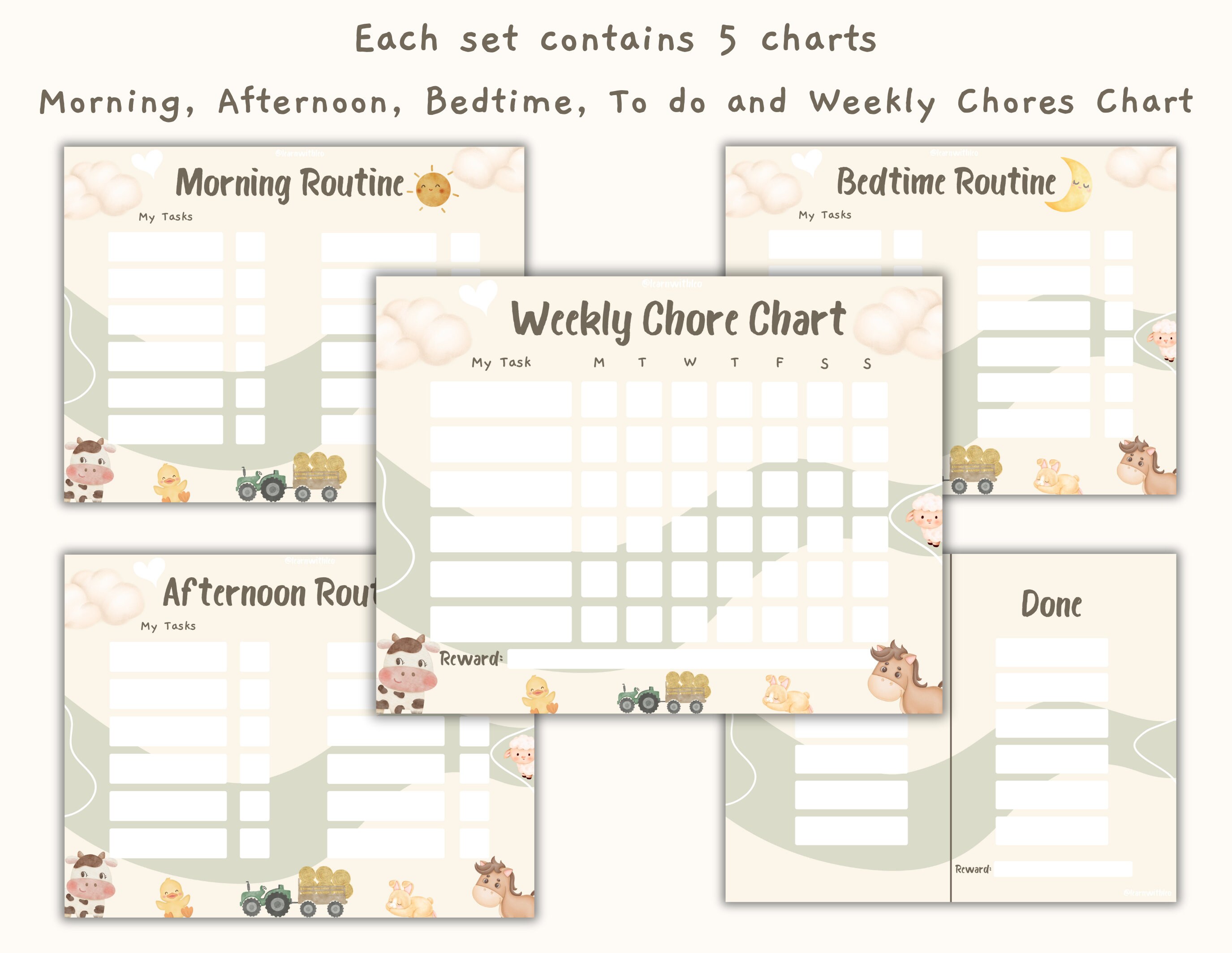 Farm Animals Routine Charts Bundle: Kids Morning, Bedtime, Chore ...