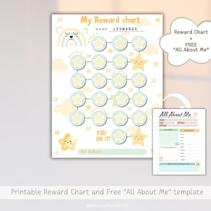 May include: A printable reward chart with a pastel color scheme, featuring a star-themed design and the text "My Reward chart." Includes a free "All About Me" template. The chart has space for a name and reward tracking.