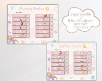 May include: Two printable routine charts for children featuring a mermaid illustration. The charts are titled "Morning Routine" and "Bedtime Routine" and include a list of tasks with checkboxes. The charts are designed with a pink and blue color scheme and feature a variety of sea-themed illustrations.