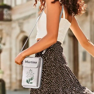 Personalized Leather Crossbody Phone Bags for Women, Custom Birth Flower Phone Bags, Adjustable Strap Wallet, Water Resistant, Shoulder Bags