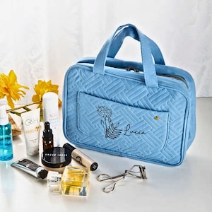 Personalisierter Name und Geburtsblume Kosmetik-Reisetasche, faltbarer Make-up-Organizer, Make-up Tasche, hängende Kulturtasche für Frauen,Weekender Bag