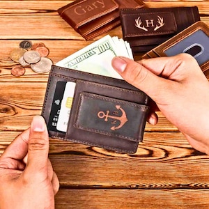 Carteira de couro fina personalizada RFID masculina, carteira com nome personalizado, carteira com logotipo personalizado, carteira RFID personalizada, carteira personalizada gravada, clipes de dinheiro