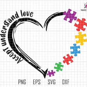 May include: Black and white graphic of a heart with the words "Accept understand love" written around it. A row of colorful puzzle pieces form the bottom of the heart.