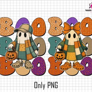 May include: A digital graphic featuring two ghosts wearing patchwork cloaks and orange clogs, each holding a jack-o'-lantern bucket. The ghosts are set against a background of large, colorful letters spelling BOO, with one ghost wearing a cap and one a bow.