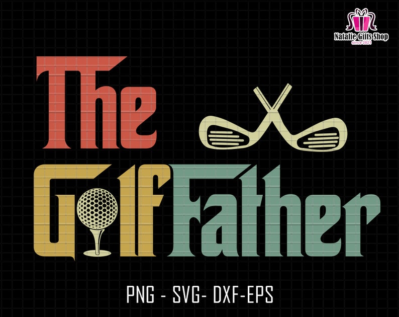 Op de afbeelding: Een retro-ontwerp met de tekst "The Golf Father" met een golfbal en gekruiste golfclubs. De tekst is in een vintage lettertype met een kleurenschema in rood, geel, groen en blauw.
