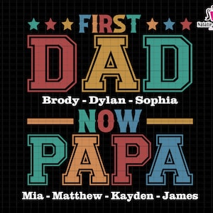 May include: A digital design with the words "FIRST DAD NOW PAPA" in a retro font, with names listed below. The design uses a color palette of red, orange, teal, and blue on a black background. The design is for a gift.