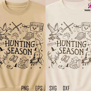 May include: A beige sweatshirt featuring a black and white graphic design with hunting-themed illustrations. The design includes ducks, rifles, a deer, a dog, and the text "HUNTING SEASON". The sweatshirt is available in PNG, EPS, SVG, and DXF formats.
