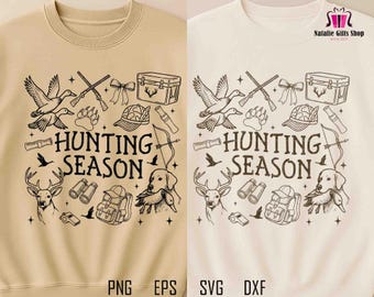 May include: A beige sweatshirt featuring a black and white graphic design with hunting-themed illustrations. The design includes ducks, rifles, a deer, a dog, and the text "HUNTING SEASON". The sweatshirt is available in PNG, EPS, SVG, and DXF formats.