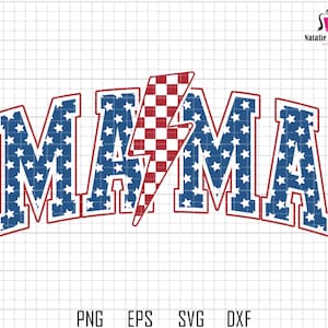 May include: A red, white, and blue "MAMA" design with a red, white, and blue checkered lightning bolt in the center. The letters are outlined in red and filled with a blue and white star pattern.