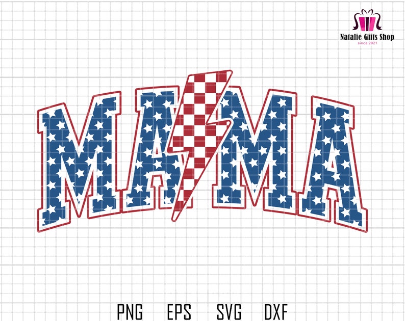 May include: A red, white, and blue "MAMA" design with a red, white, and blue checkered lightning bolt in the center. The letters are outlined in red and filled with a blue and white star pattern.
