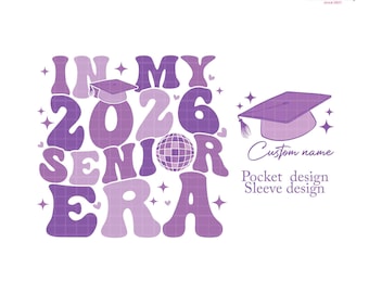 May include: A purple and lavender graphic design for a 2026 senior. The design includes the text "IN MY 2026 SENIOR ERA" with a graduation cap and a disco ball. Additional text includes "Custom name", "Pocket design", and "Sleeve design".