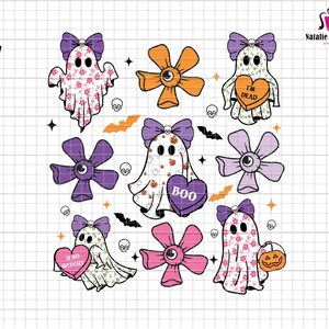 May include: A digital graphic design featuring four ghosts with purple bows, floral or pumpkin patterns, and holding heart-shaped candy with text reading I'M DEAD, BOO, and U SO WITCHY. Includes orange, purple, and pink eye-shaped flowers and small skulls.