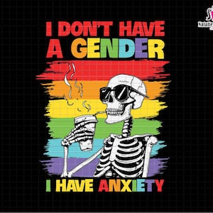 Może przedstawiać: Szkielet w okularach przeciwsłonecznych trzymający kubek kawy z unoszącą się parą. Szkielet siedzi przed tęczowym tłem z tekstem "Nie mam płci Mam lęk".