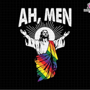 Peut inclure: Une illustration numérique d'un homme avec une auréole arc-en-ciel et le texte "AH, MEN" au-dessus de lui.