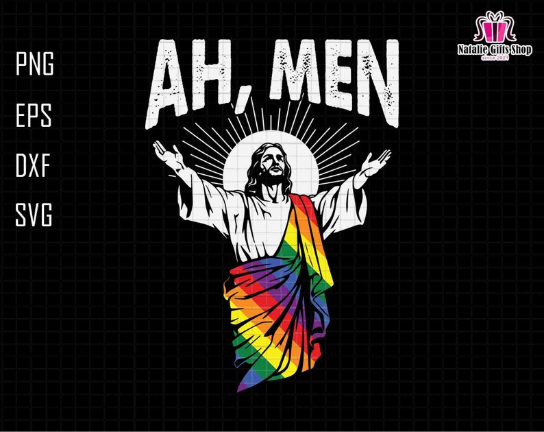 K&ouml;nnte beinhalten: Eine digitale Illustration eines Mannes mit einem Regenbogen-Heiligenschein und dem Text "AH, MEN" dar&uuml;ber.